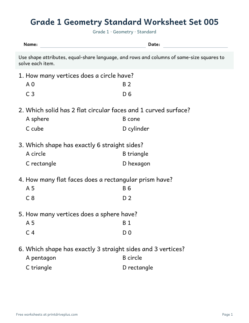 Preview of Grade 1 Geometry Standard Worksheet Set 005