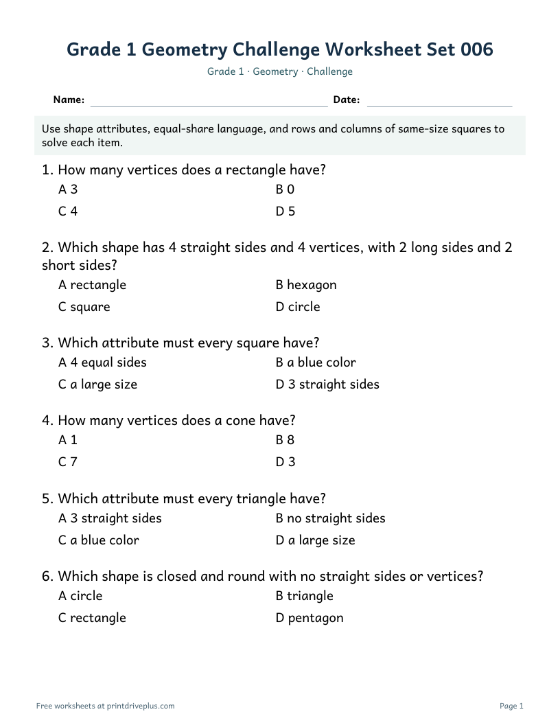 Preview of Grade 1 Geometry Challenge Worksheet Set 006