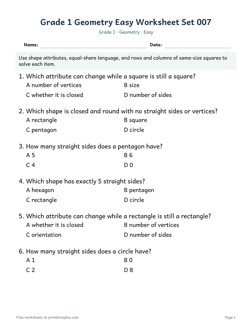 Preview of Grade 1 Geometry Easy Worksheet Set 007