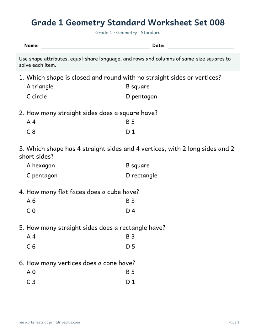 Preview of Grade 1 Geometry Standard Worksheet Set 008