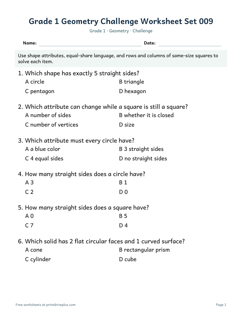 Preview of Grade 1 Geometry Challenge Worksheet Set 009