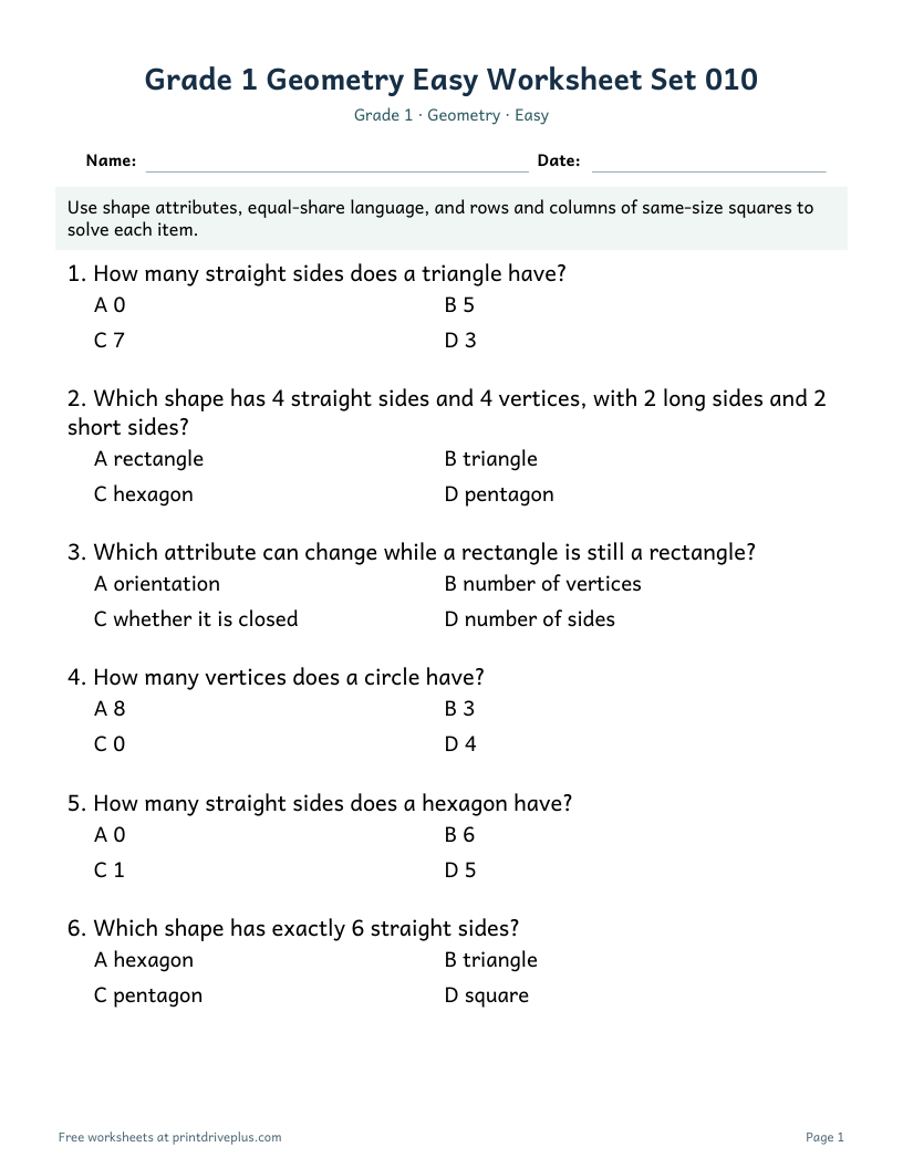 Preview of Grade 1 Geometry Easy Worksheet Set 010