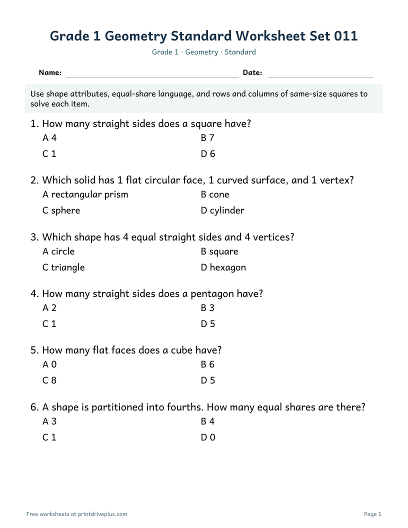 Preview of Grade 1 Geometry Standard Worksheet Set 011