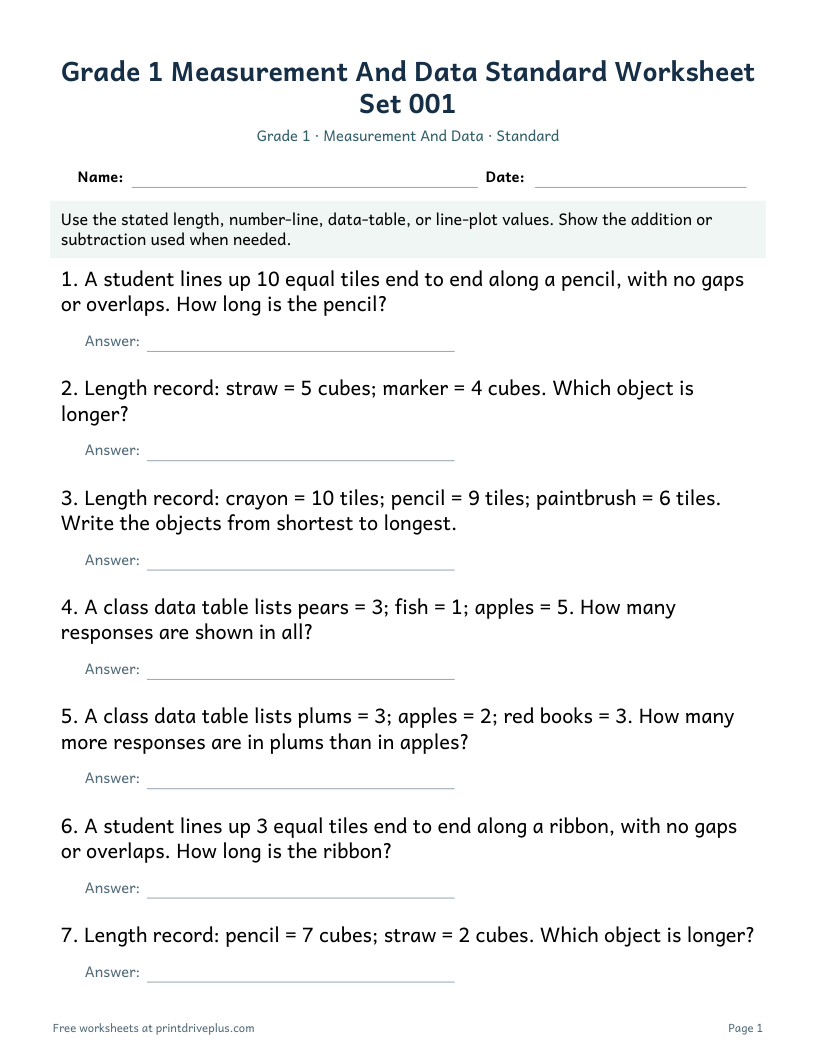 Preview of Grade 1 Measurement And Data Standard Worksheet Set 001