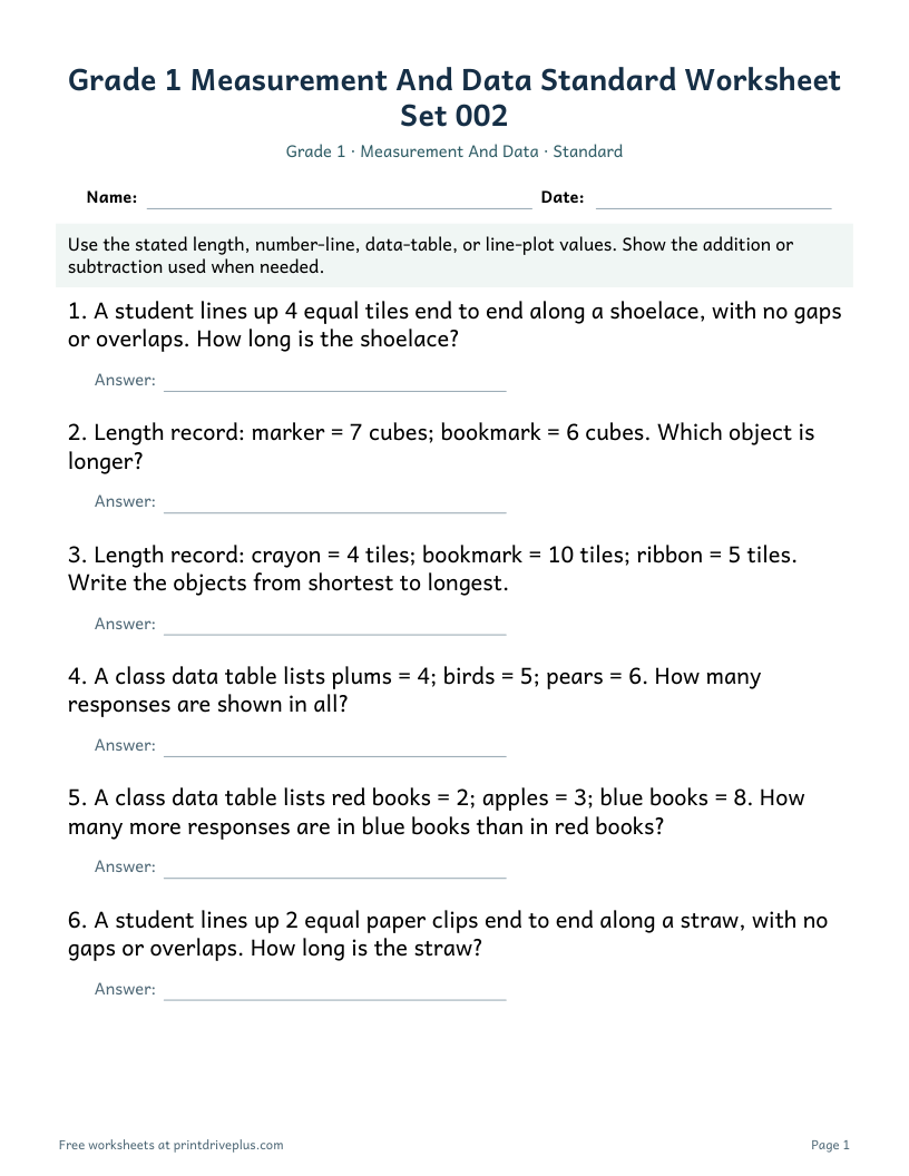 Preview of Grade 1 Measurement And Data Standard Worksheet Set 002