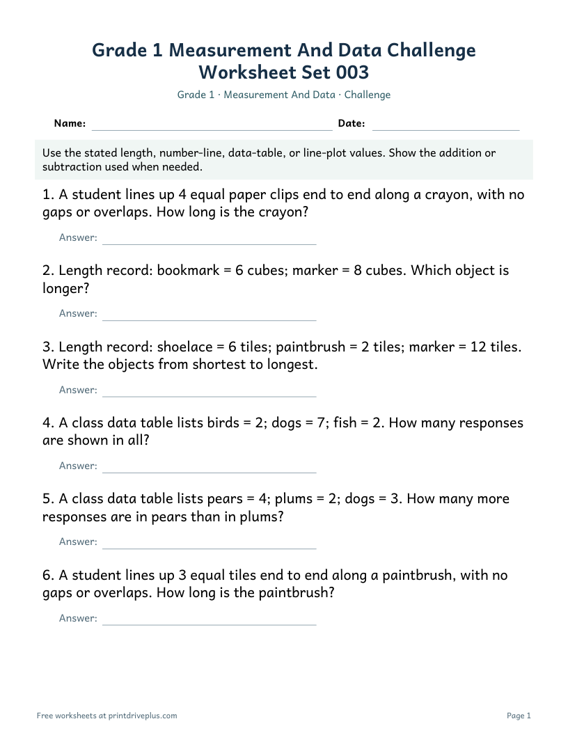 Preview of Grade 1 Measurement And Data Challenge Worksheet Set 003