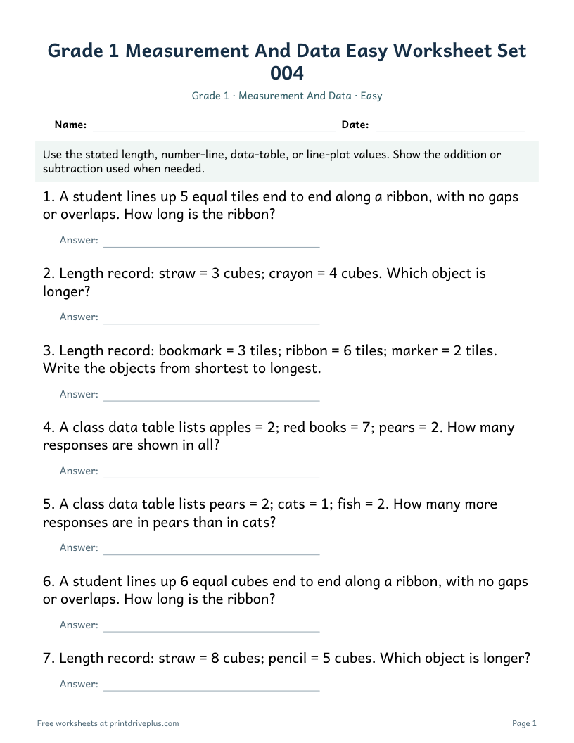 Preview of Grade 1 Measurement And Data Easy Worksheet Set 004