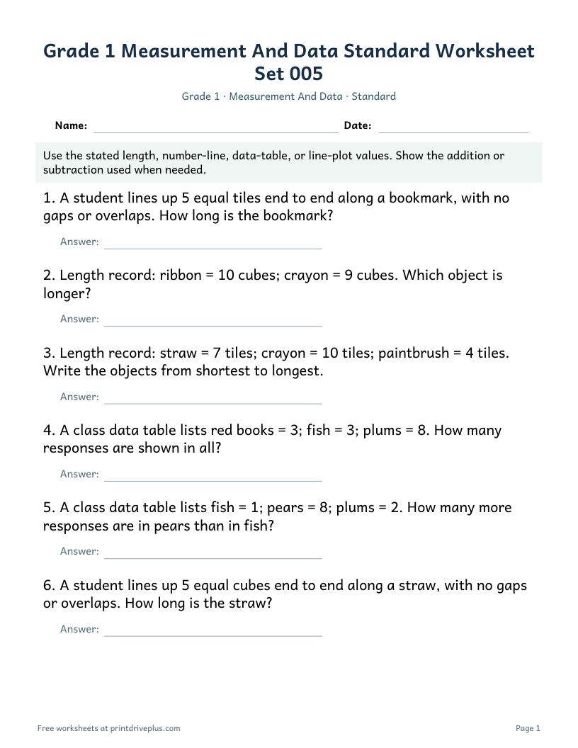 Preview of Grade 1 Measurement And Data Standard Worksheet Set 005
