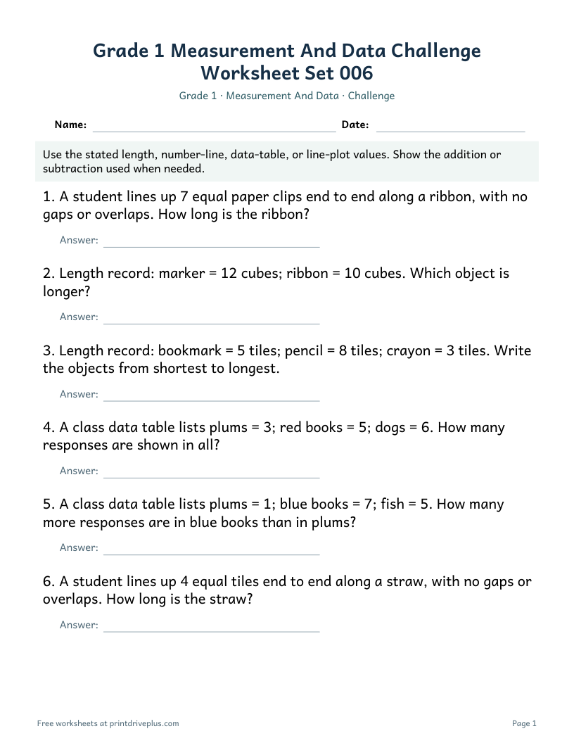 Preview of Grade 1 Measurement And Data Challenge Worksheet Set 006