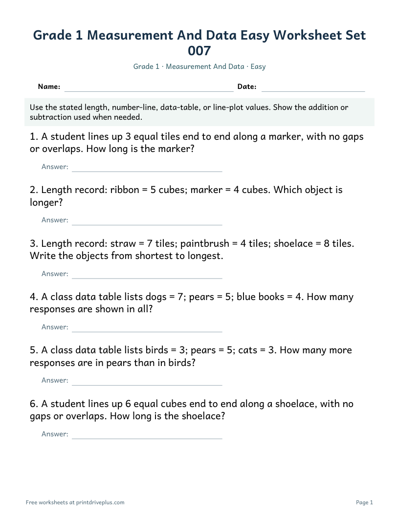 Preview of Grade 1 Measurement And Data Easy Worksheet Set 007