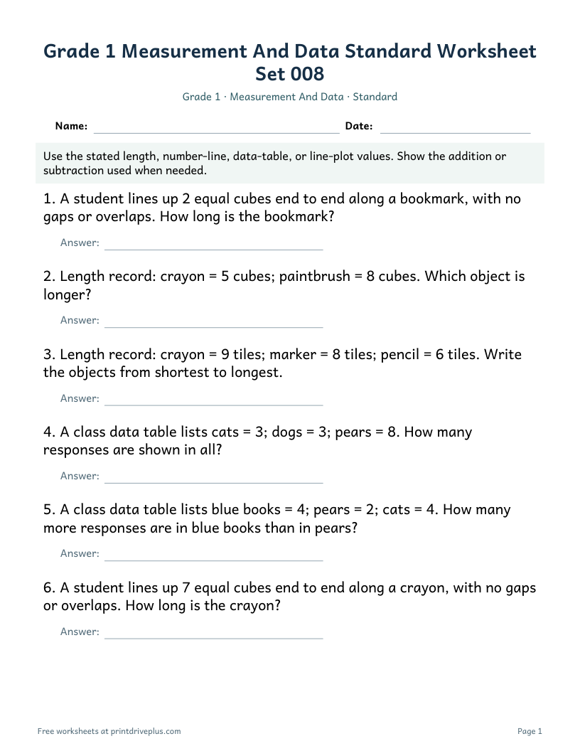 Preview of Grade 1 Measurement And Data Standard Worksheet Set 008
