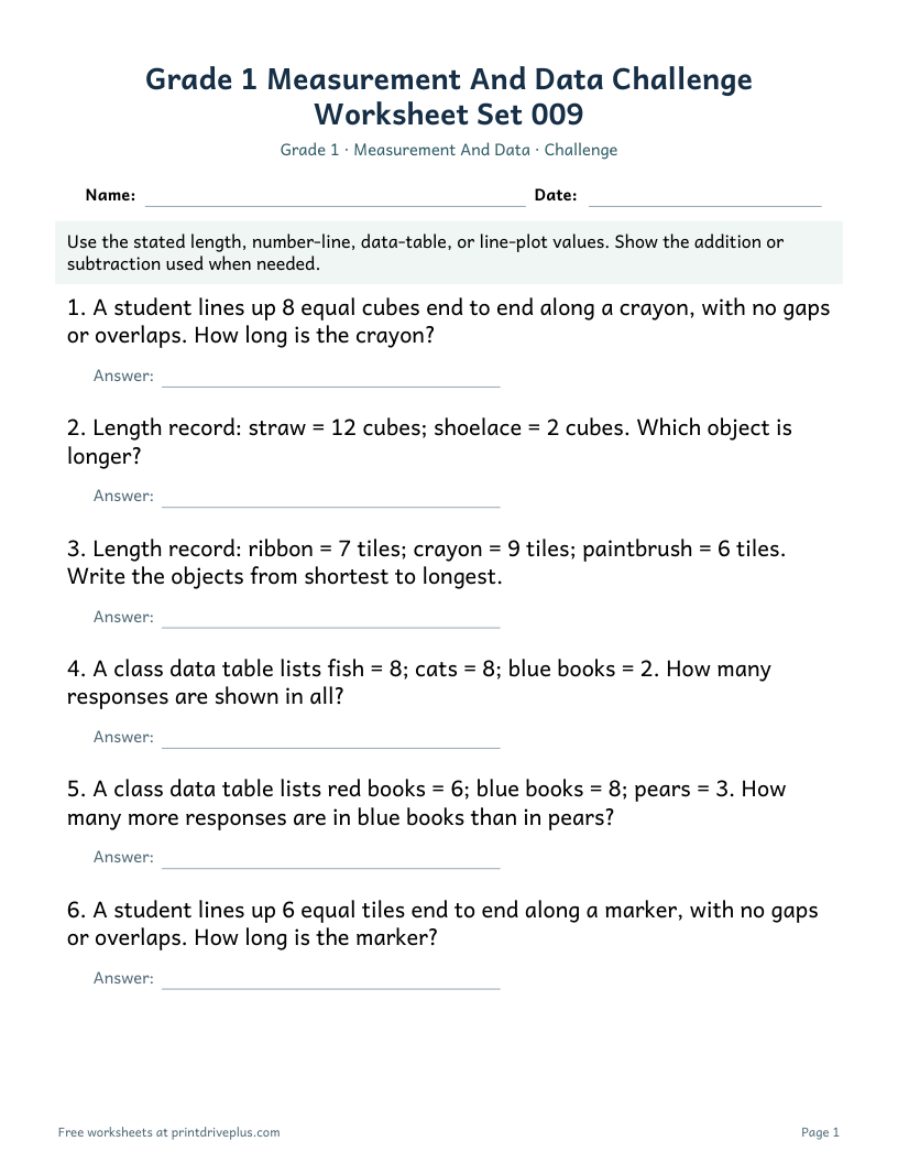 Preview of Grade 1 Measurement And Data Challenge Worksheet Set 009
