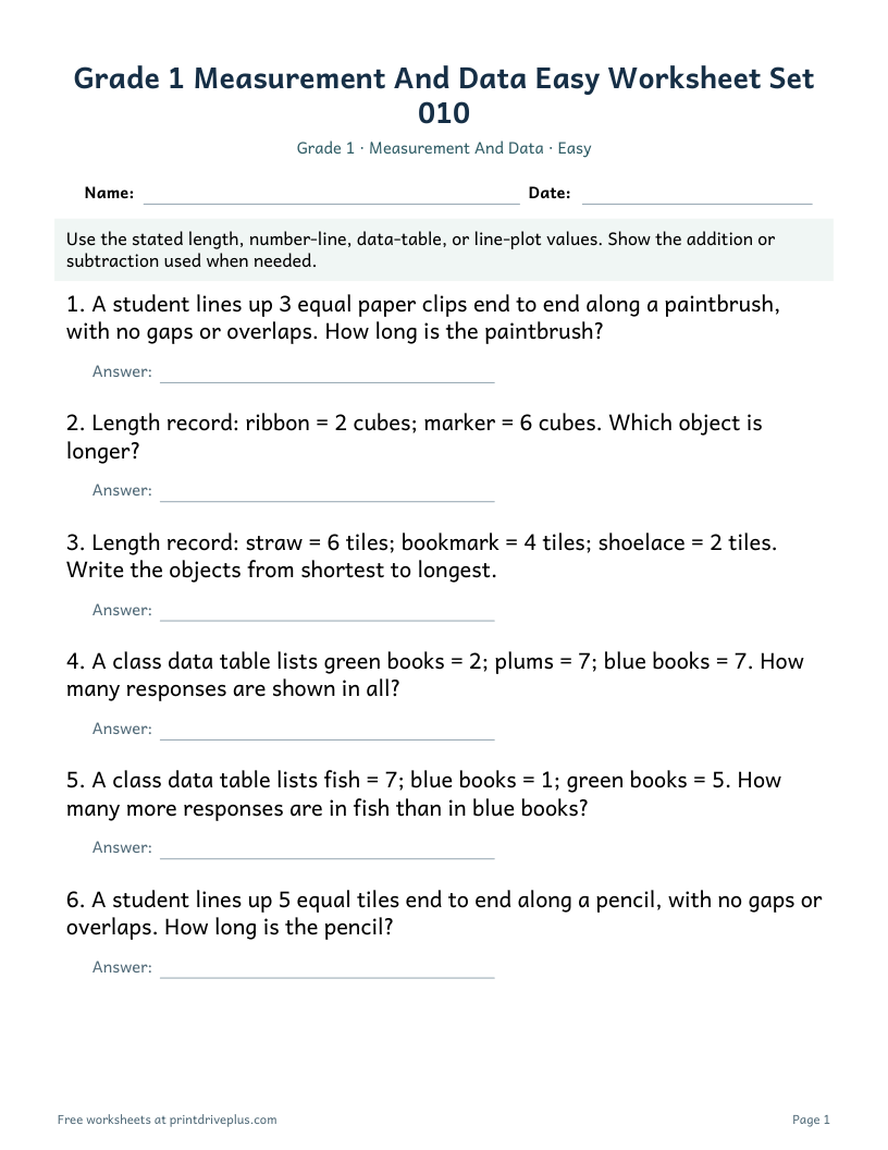 Preview of Grade 1 Measurement And Data Easy Worksheet Set 010