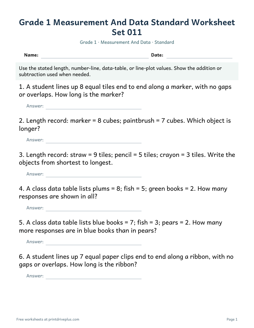 Preview of Grade 1 Measurement And Data Standard Worksheet Set 011