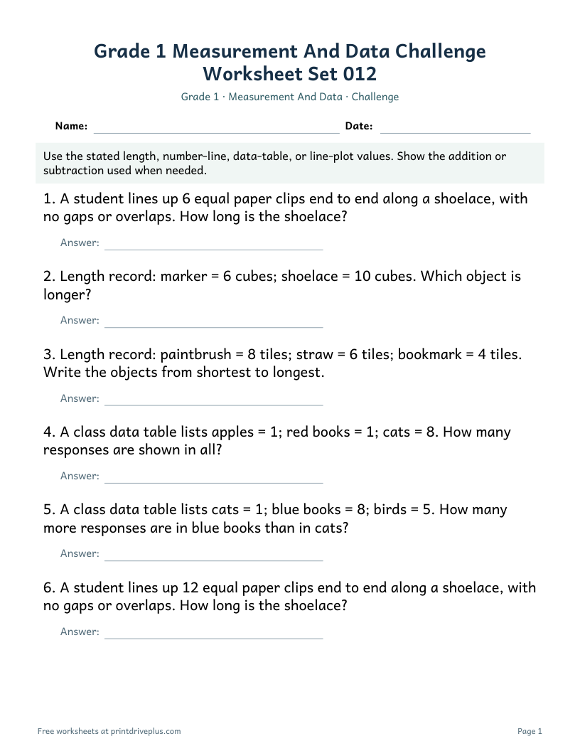 Preview of Grade 1 Measurement And Data Challenge Worksheet Set 012