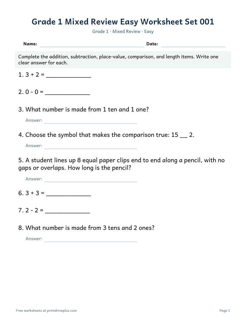 Preview of Grade 1 Mixed Review Easy Worksheet Set 001