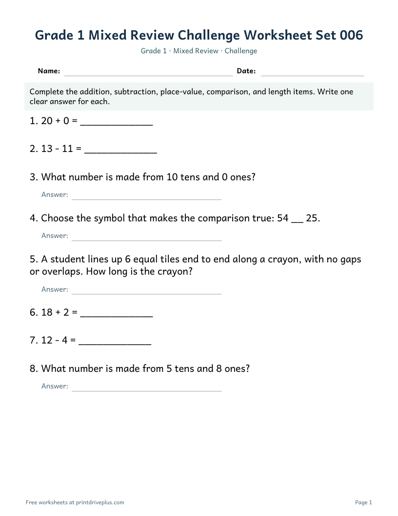 Preview of Grade 1 Mixed Review Challenge Worksheet Set 006