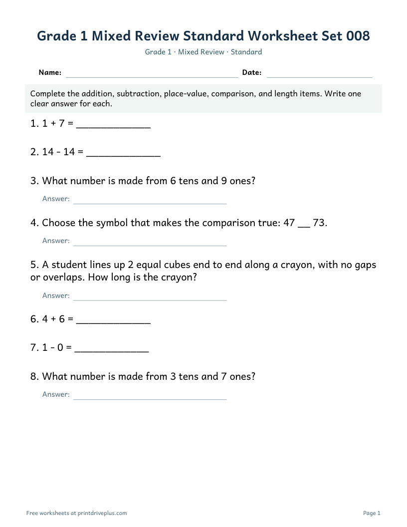 Preview of Grade 1 Mixed Review Standard Worksheet Set 008