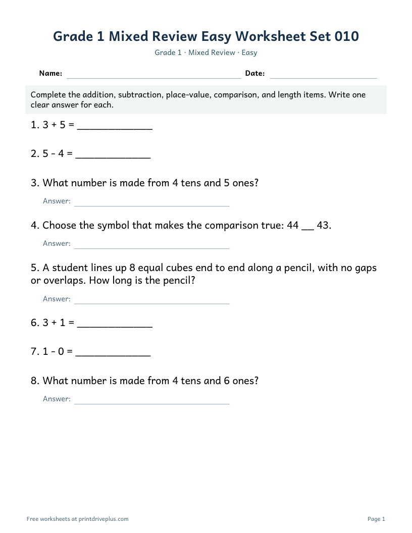 Preview of Grade 1 Mixed Review Easy Worksheet Set 010