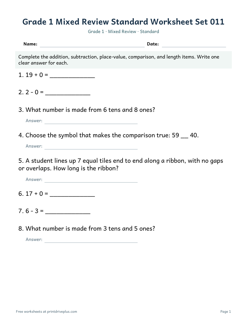 Preview of Grade 1 Mixed Review Standard Worksheet Set 011