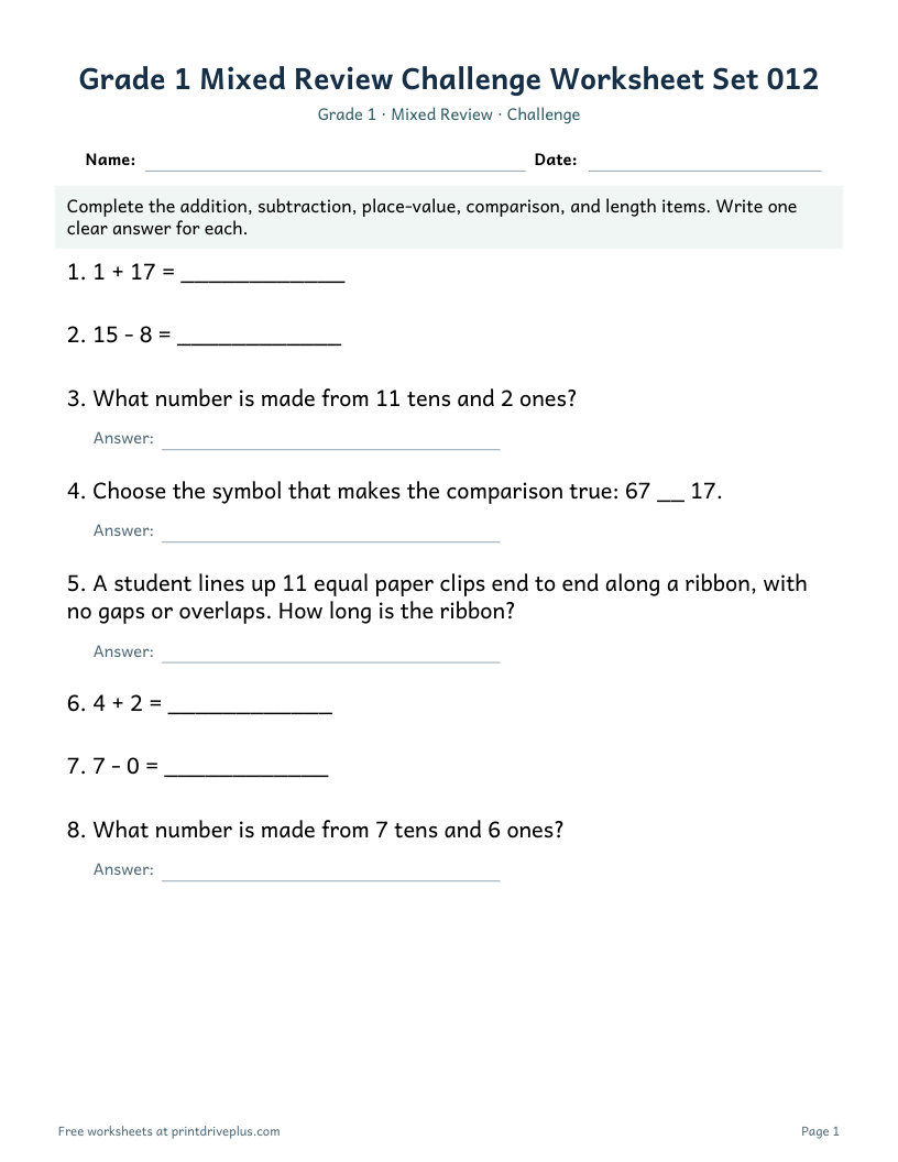 Preview of Grade 1 Mixed Review Challenge Worksheet Set 012