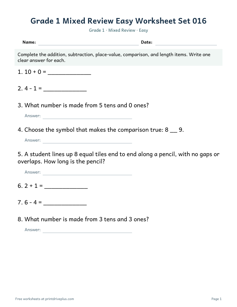 Preview of Grade 1 Mixed Review Easy Worksheet Set 016