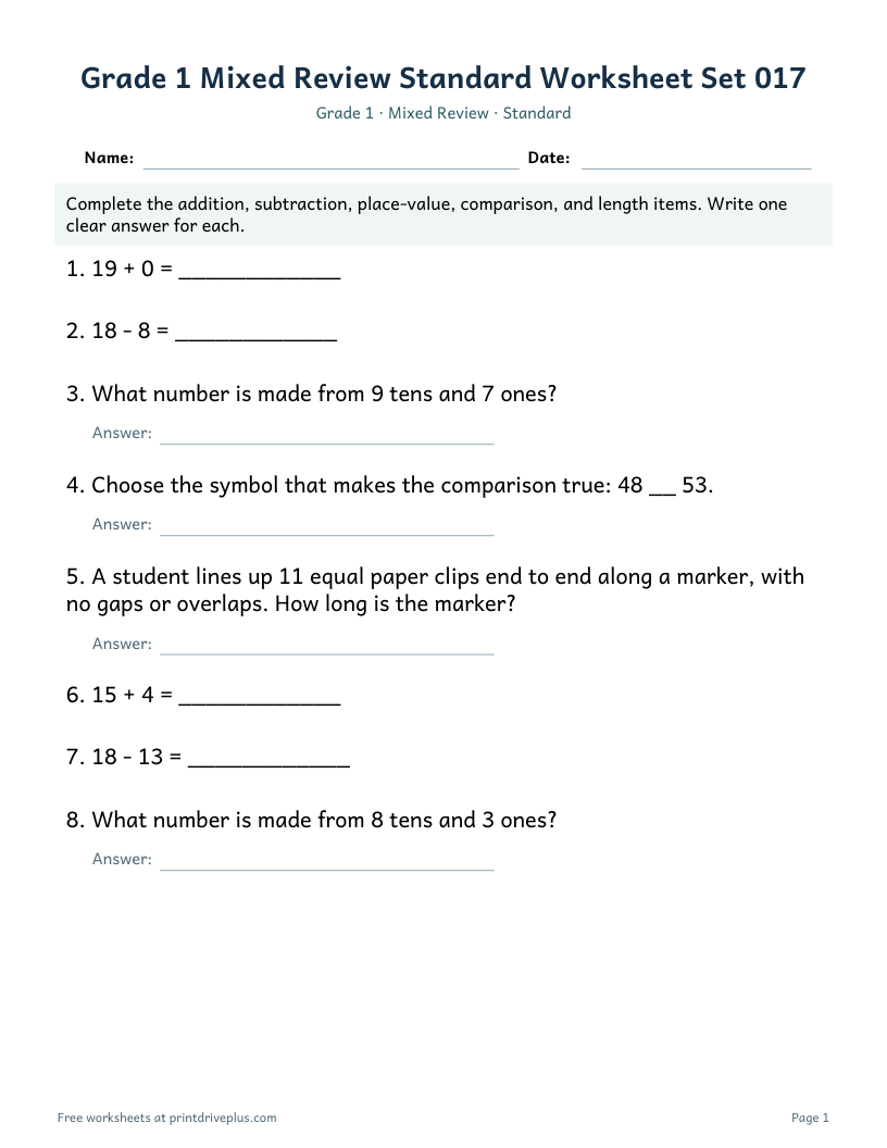 Preview of Grade 1 Mixed Review Standard Worksheet Set 017