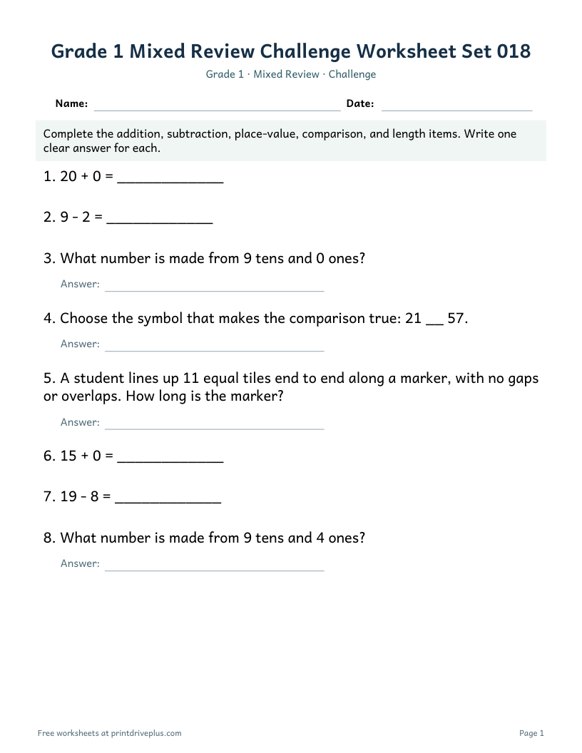 Preview of Grade 1 Mixed Review Challenge Worksheet Set 018