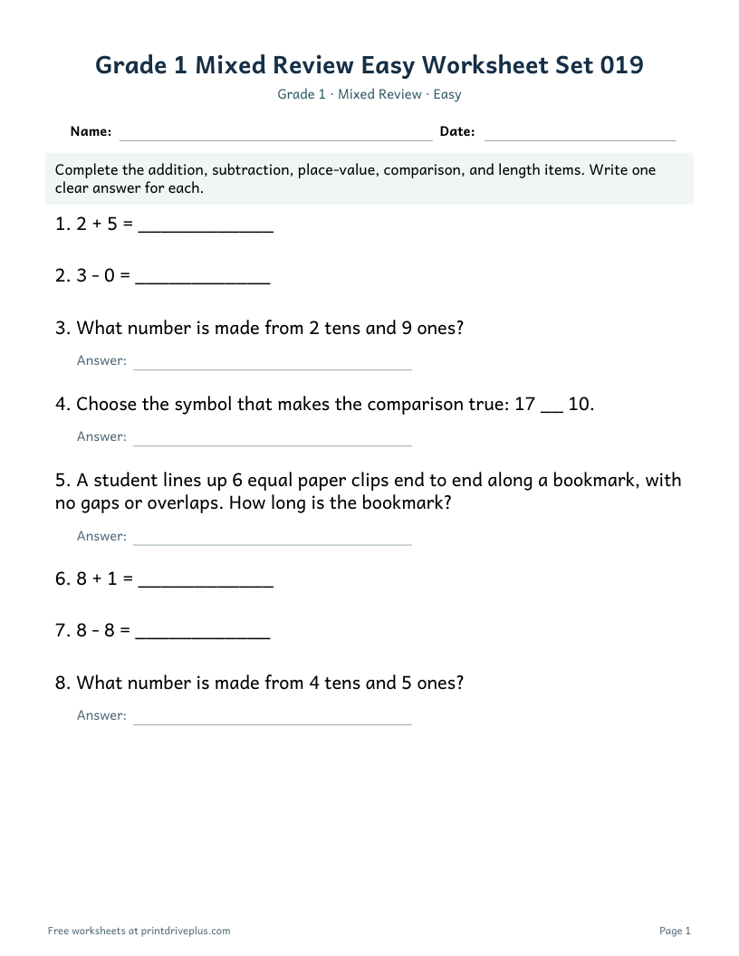Preview of Grade 1 Mixed Review Easy Worksheet Set 019
