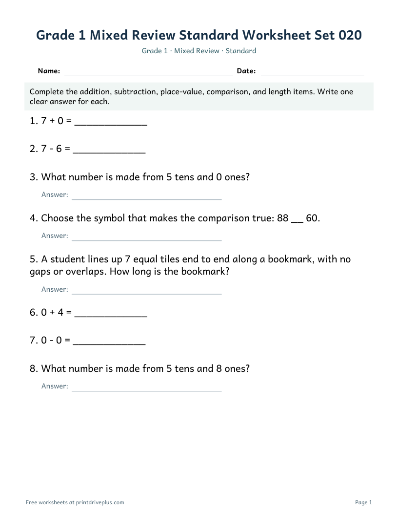 Preview of Grade 1 Mixed Review Standard Worksheet Set 020