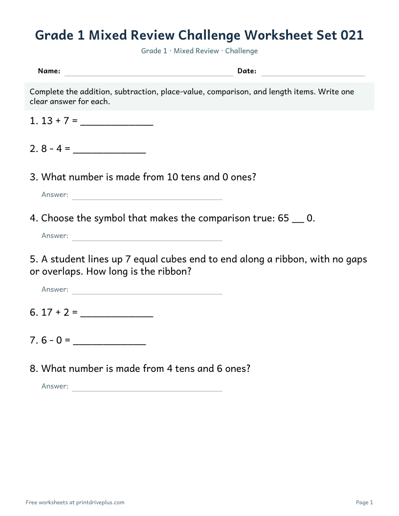 Preview of Grade 1 Mixed Review Challenge Worksheet Set 021