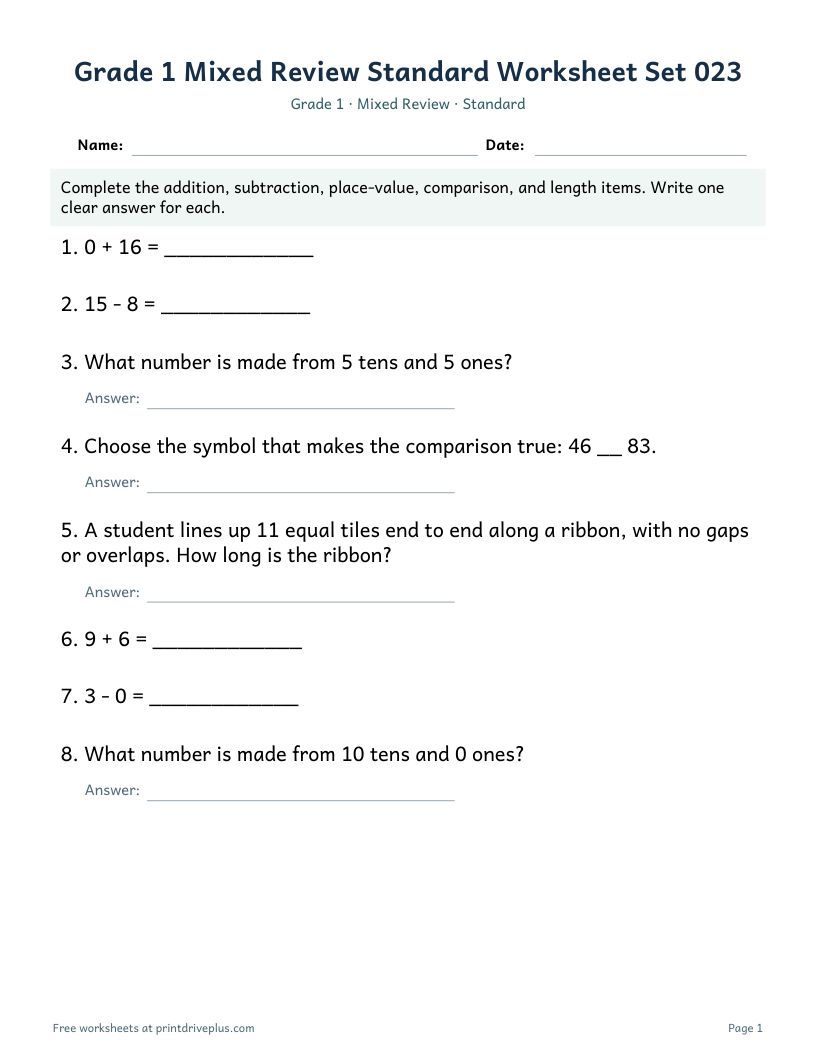 Preview of Grade 1 Mixed Review Standard Worksheet Set 023