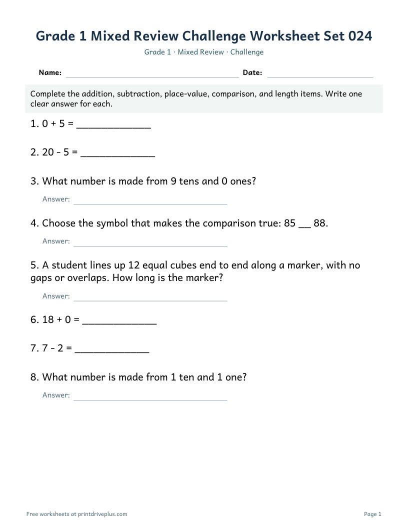 Preview of Grade 1 Mixed Review Challenge Worksheet Set 024
