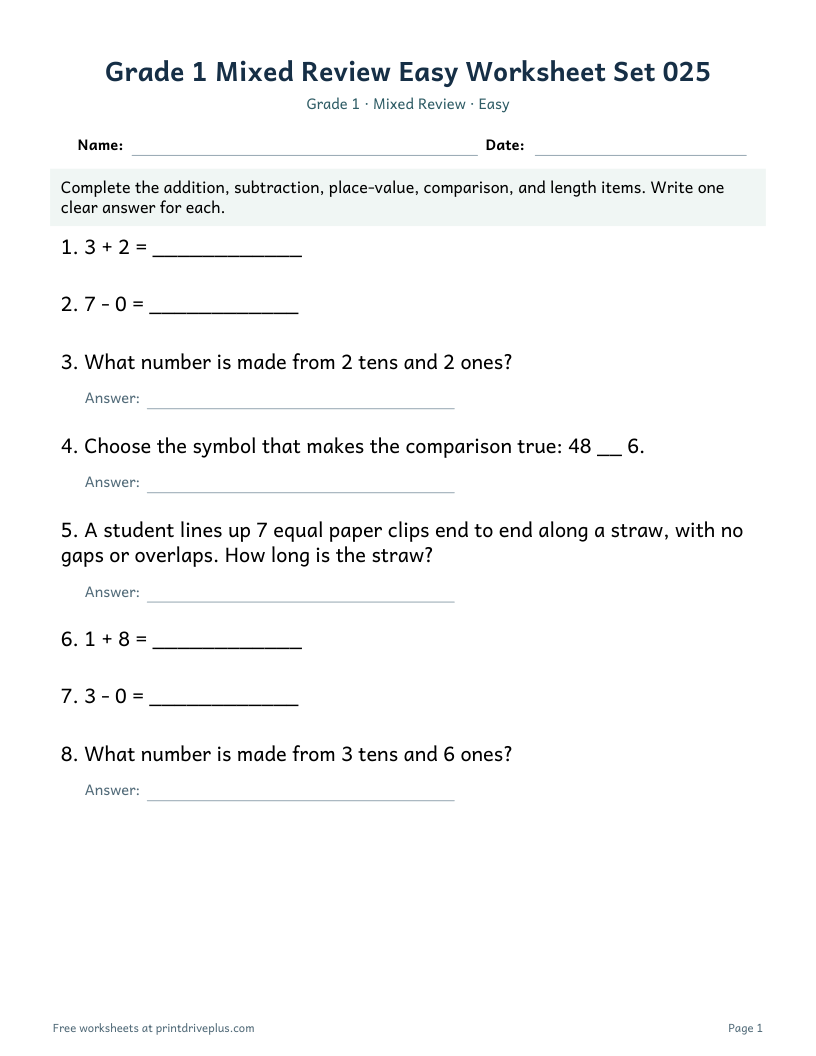 Preview of Grade 1 Mixed Review Easy Worksheet Set 025