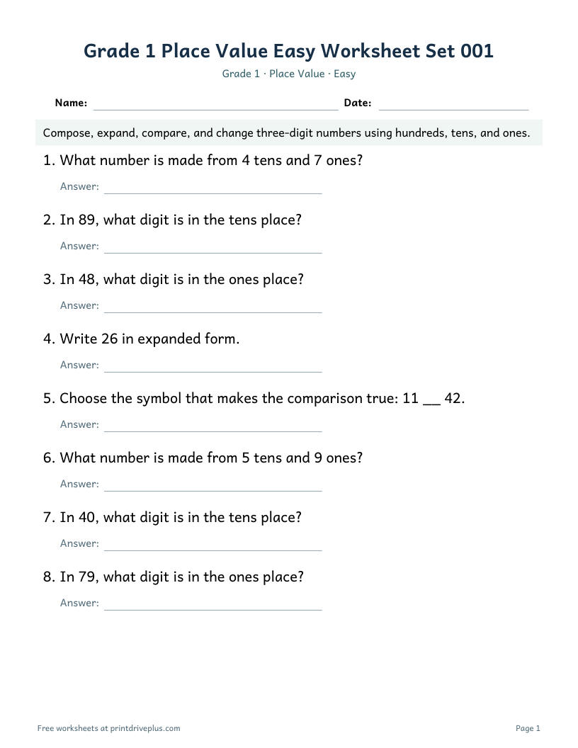 Preview of Grade 1 Place Value Easy Worksheet Set 001