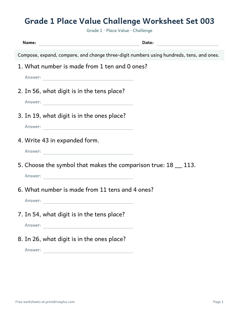 Preview of Grade 1 Place Value Challenge Worksheet Set 003