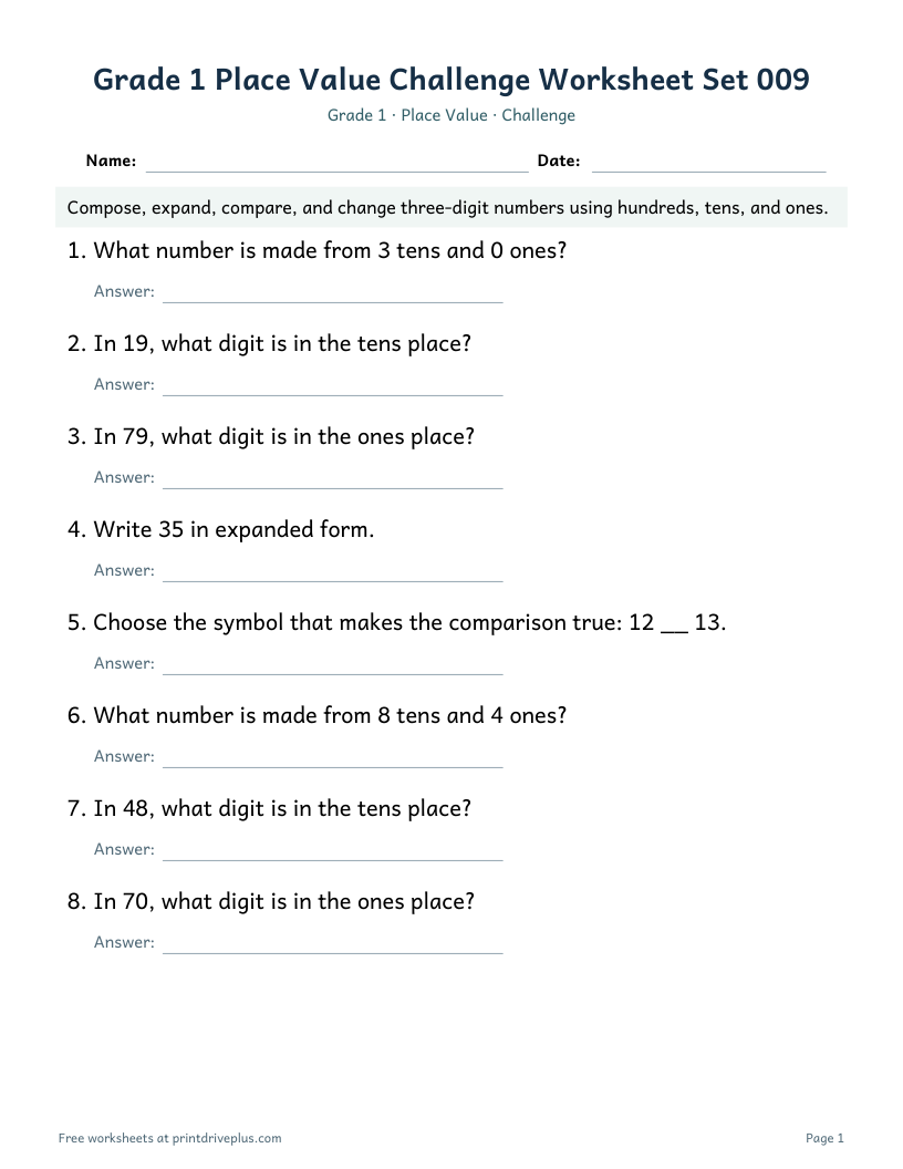 Preview of Grade 1 Place Value Challenge Worksheet Set 009