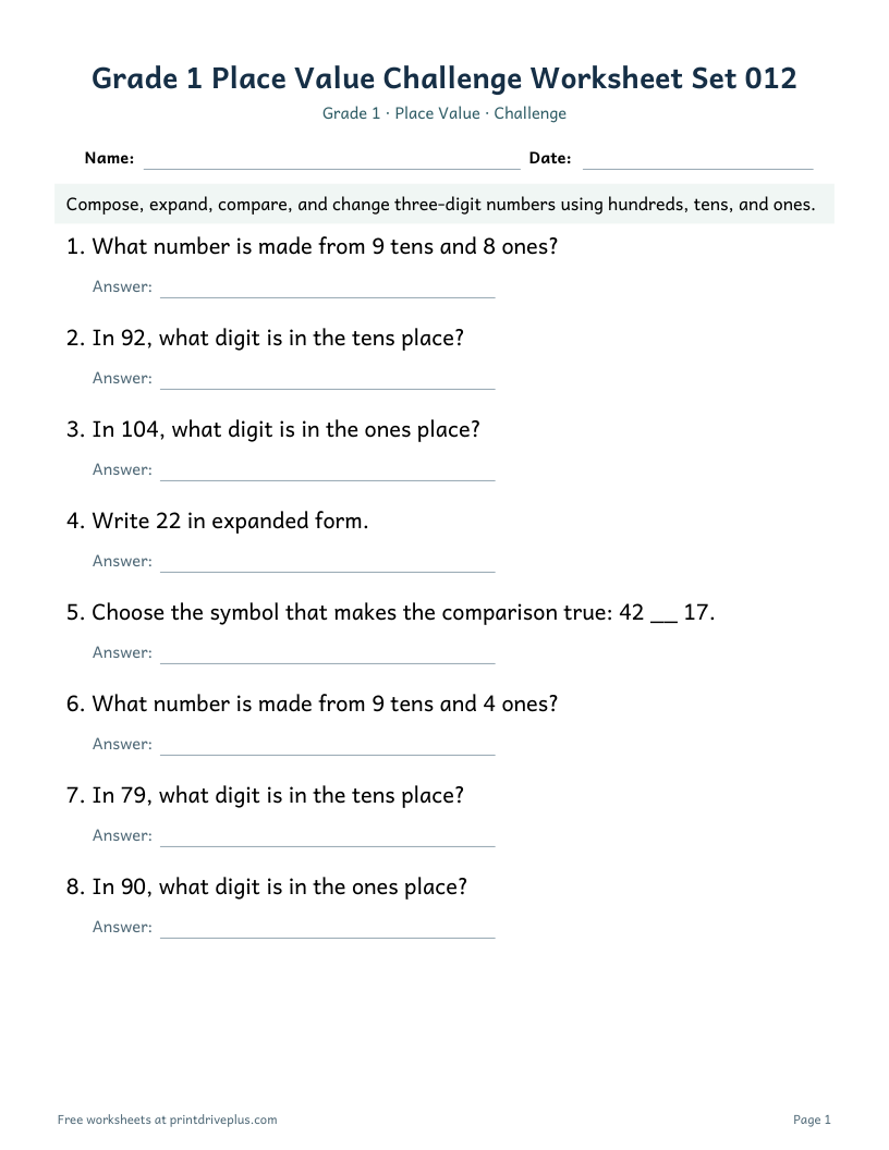 Preview of Grade 1 Place Value Challenge Worksheet Set 012