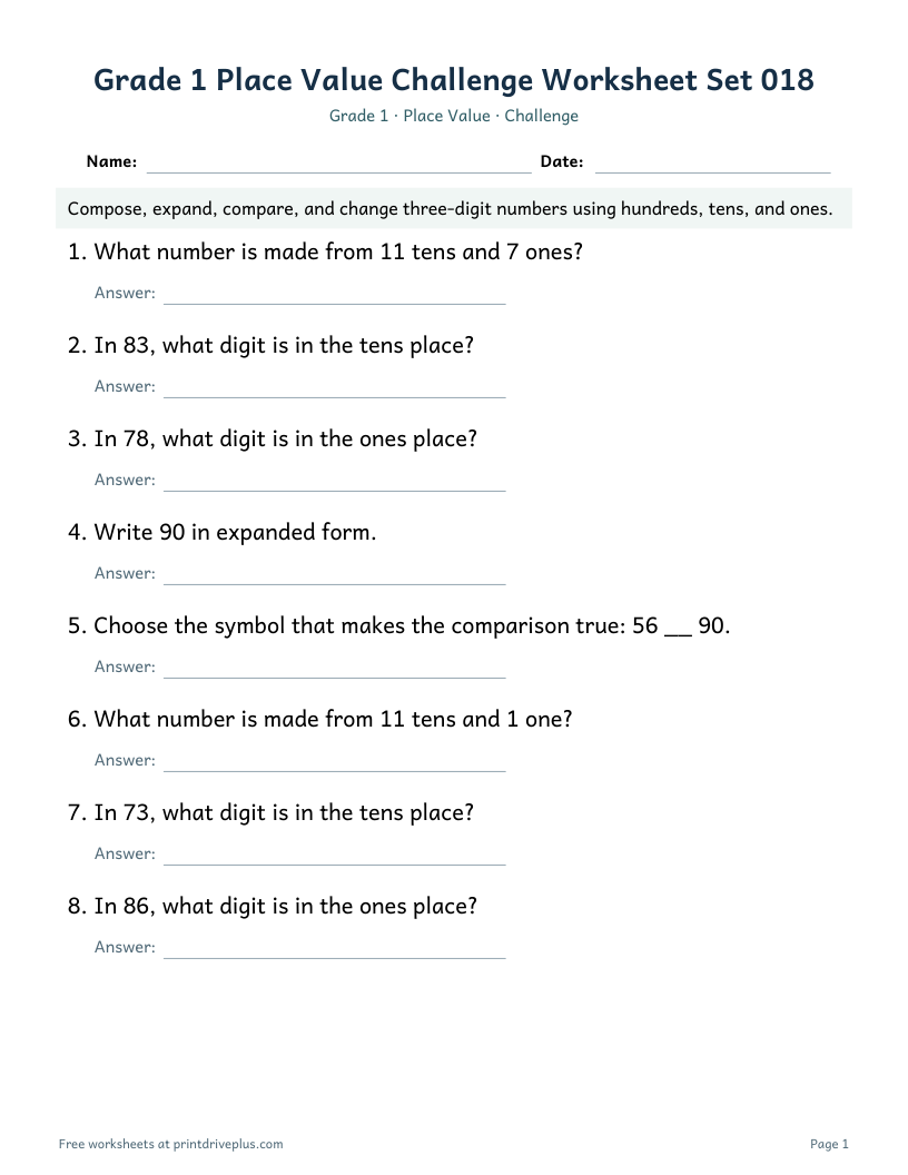 Preview of Grade 1 Place Value Challenge Worksheet Set 018