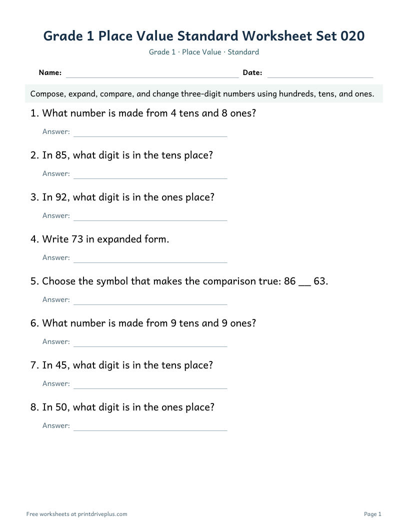Preview of Grade 1 Place Value Standard Worksheet Set 020