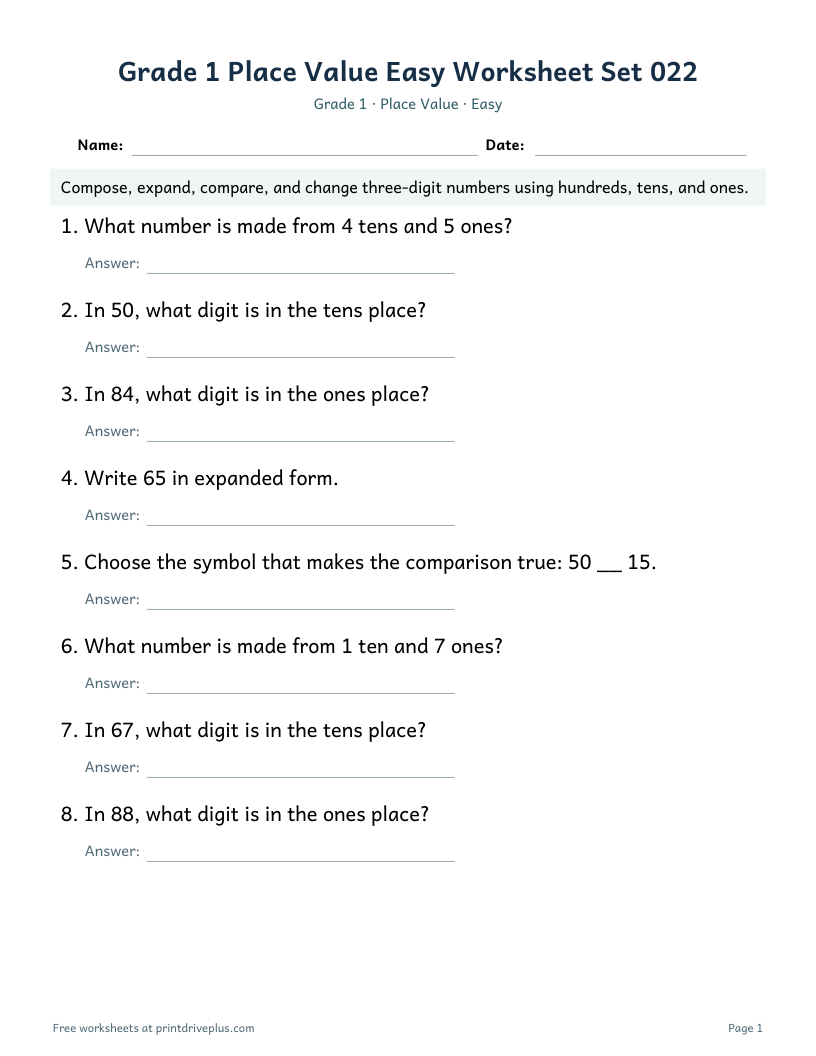 Preview of Grade 1 Place Value Easy Worksheet Set 022