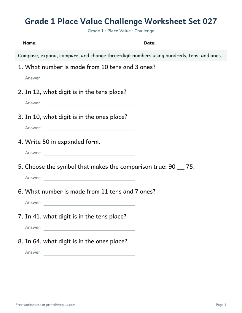 Preview of Grade 1 Place Value Challenge Worksheet Set 027