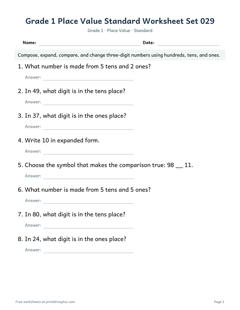 Preview of Grade 1 Place Value Standard Worksheet Set 029