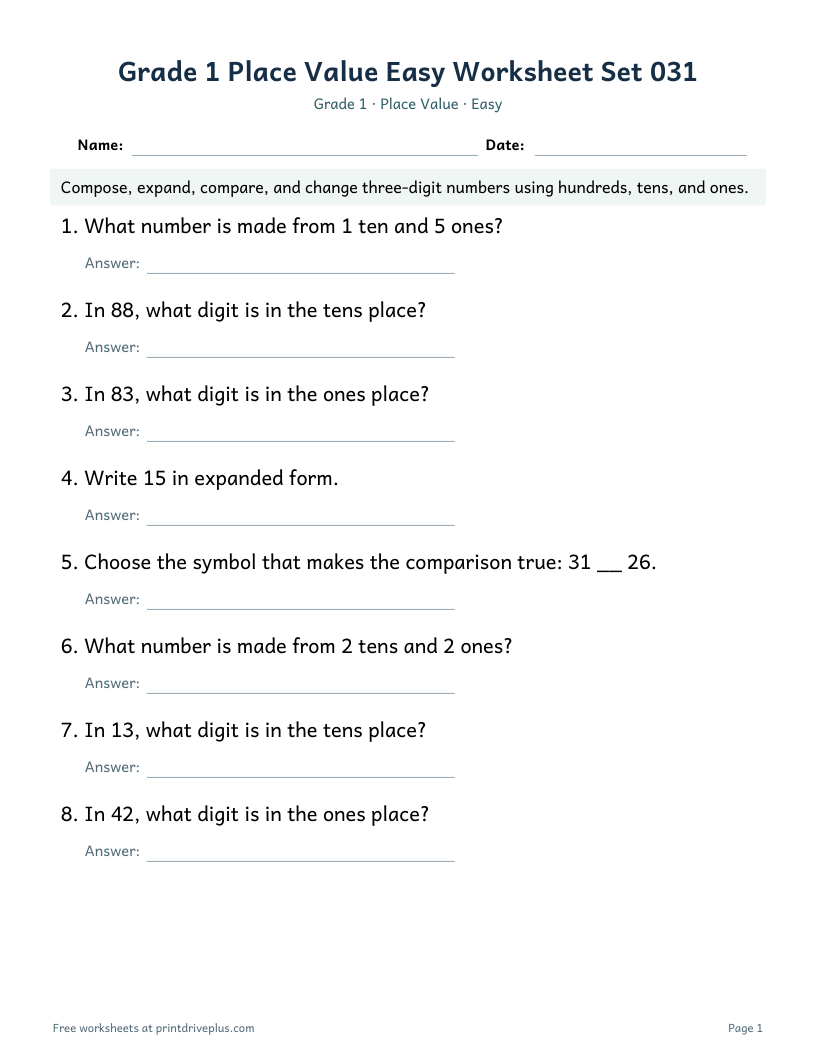 Preview of Grade 1 Place Value Easy Worksheet Set 031