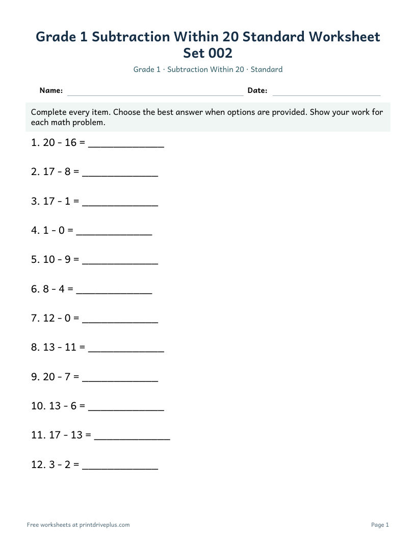 Preview of Grade 1 Subtraction Within 20 Standard Worksheet Set 002