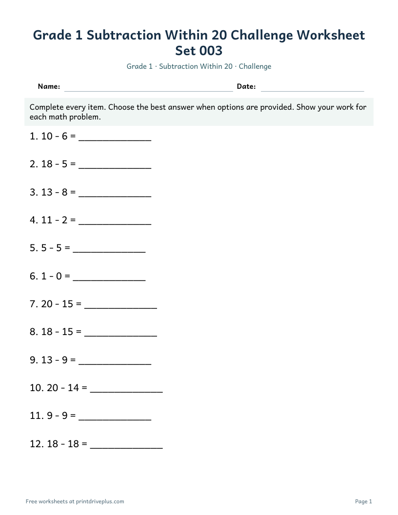 Preview of Grade 1 Subtraction Within 20 Challenge Worksheet Set 003