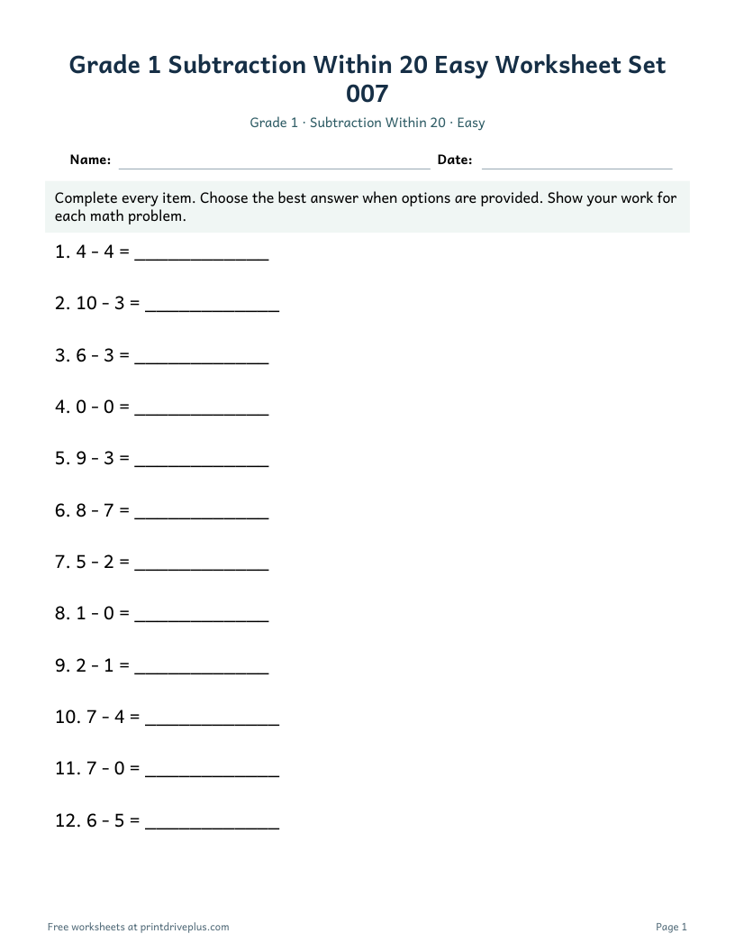 Preview of Grade 1 Subtraction Within 20 Easy Worksheet Set 007