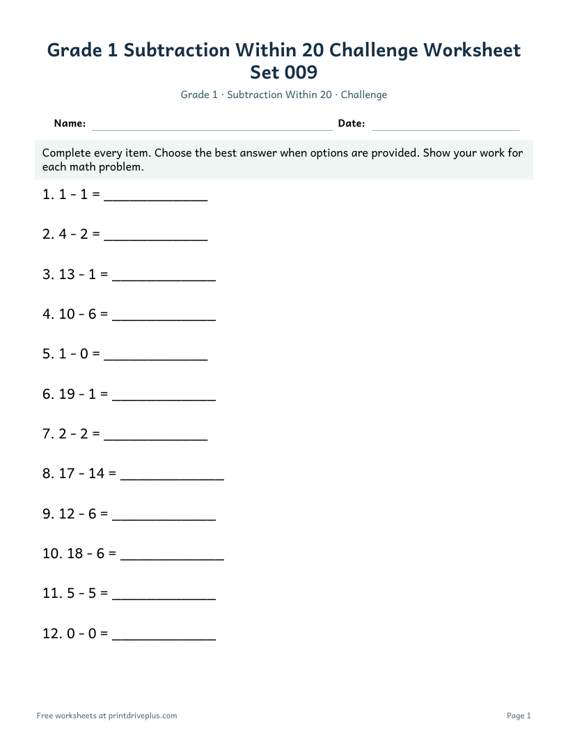 Preview of Grade 1 Subtraction Within 20 Challenge Worksheet Set 009