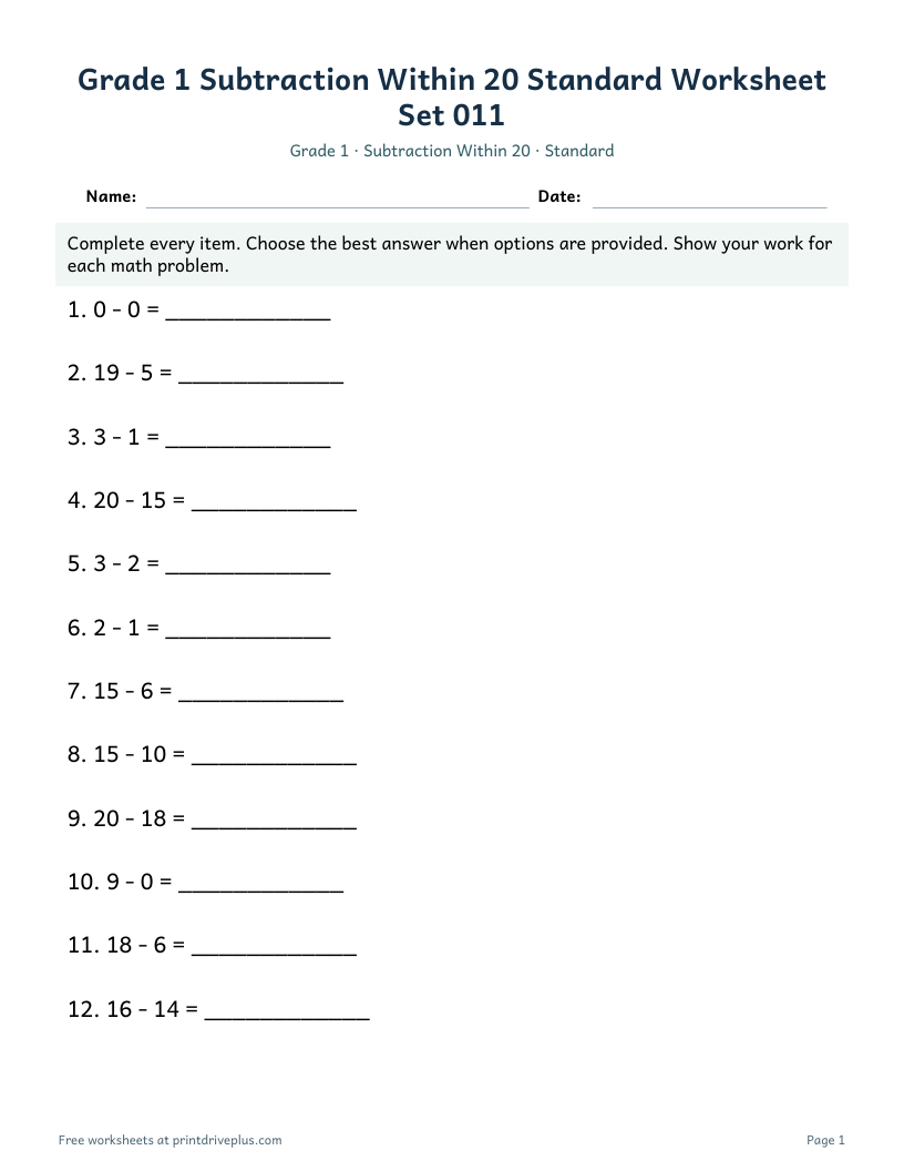 Preview of Grade 1 Subtraction Within 20 Standard Worksheet Set 011