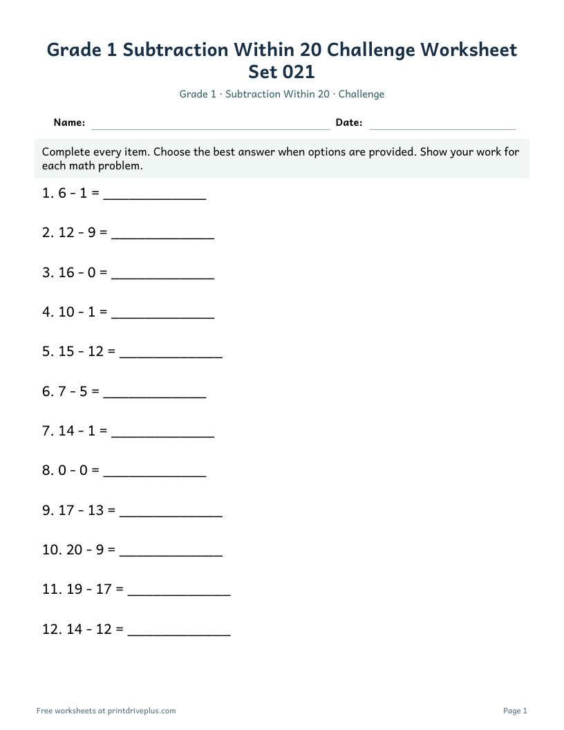 Preview of Grade 1 Subtraction Within 20 Challenge Worksheet Set 021
